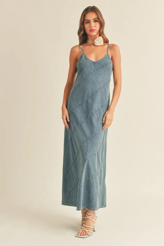 Washed Denim Detail Maxi Dress