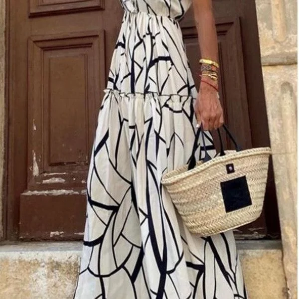 White Abstract Print V Neck Ruffle Maxi Dress