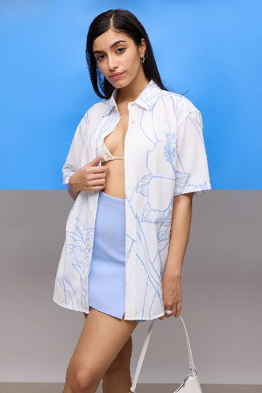 White Floral Resort Women's Shirt Comfortable Short Sleeve Blouse