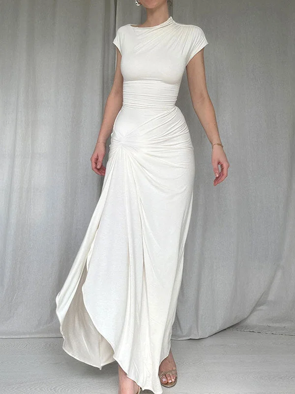 White Short Sleeve Split Maxi Dress