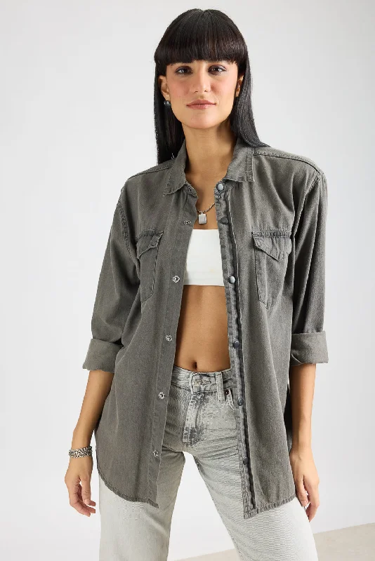 Denim Ef. Washed Grey Women's Shirt Stylish Casual Short Tee