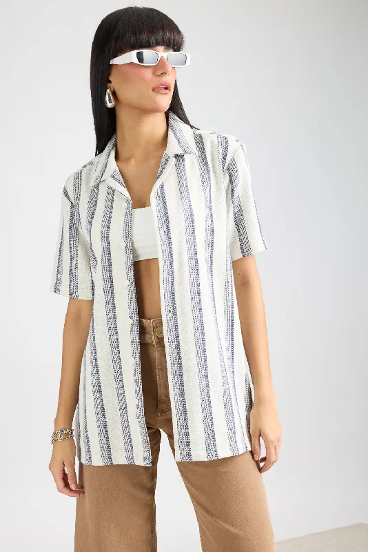 Textured Knit Women's Shirt-White/Navy Stripes Fashionable Cuffed Short Sleeve