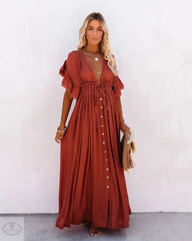 Short Sleeve Button Maxi Dress