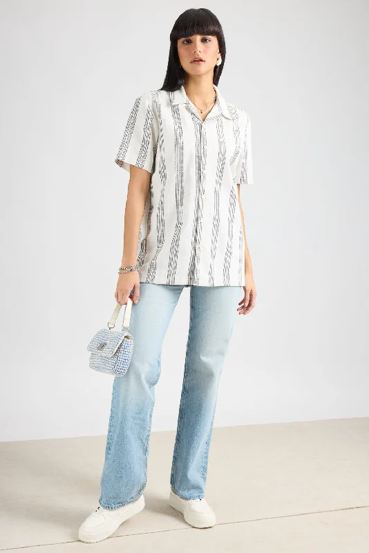 Textured Knit Women's Shirt- White/Black Thick Stripe Fashionable Tied Short Sleeve