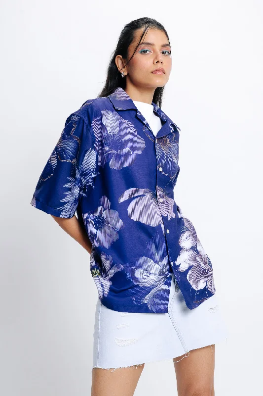 Women's Blue Printed Relaxed Shirt Casual Plain Short Shirt