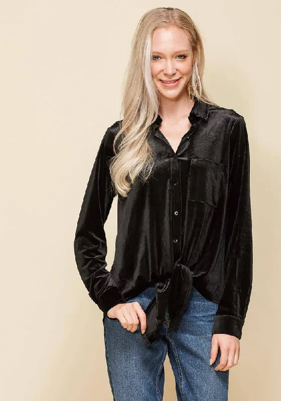 Women's Button Down Velvet Shirt Blouse With Tie Hem in Black Modern Short Sleeve Top
