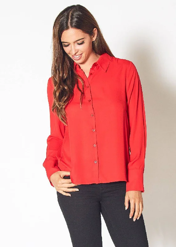 Women's Button Up Basic Everyday Shirt in Bright Red Comfortable Fit Short Shirt