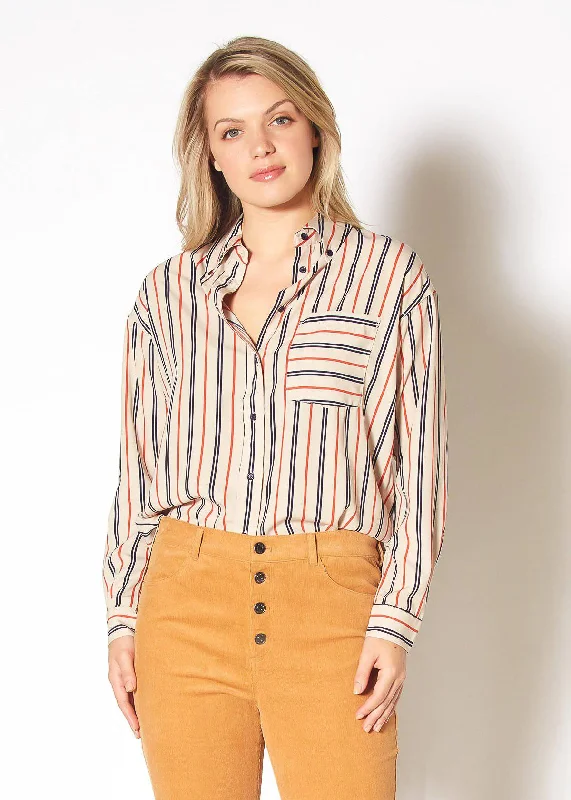 Women's Button Up Multi Stripe Shirt in Multi Stripe Stylish Crew Neck Shirt