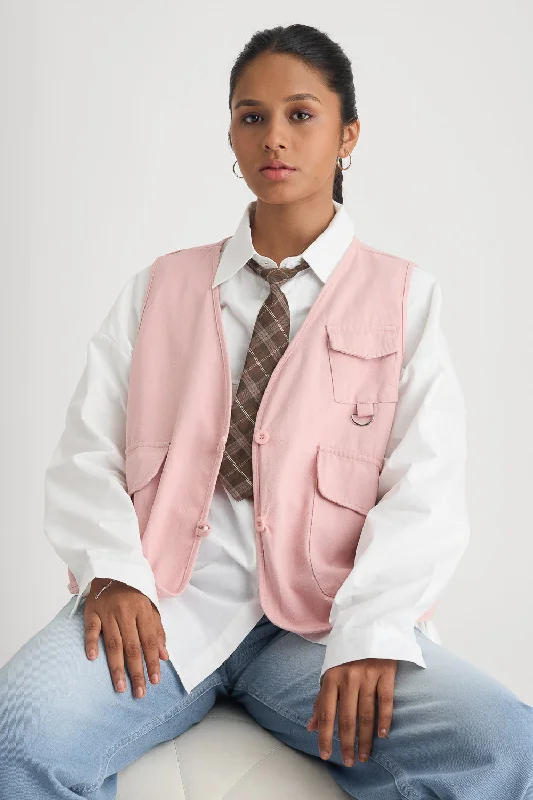 Pink Vested Shirt With Tie Chic Embellished Short Sleeve