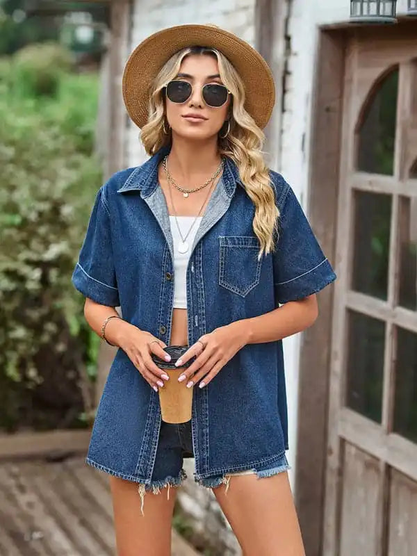 Women’s Denim Button-up Shirt Comfortable Pocket Short Shirt