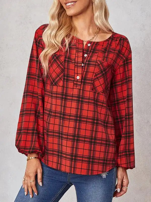 Women’s fashion check Round Neck Shirt Soft Silk Short Sleeve