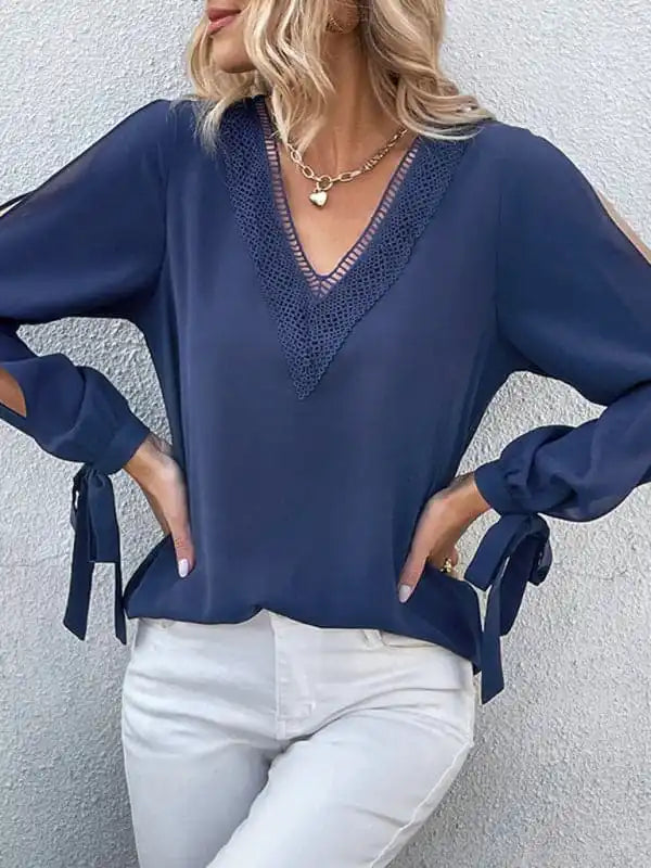 women’s long sleeve cross-border solid color hollow shirt Trendy Short Sleeve Blouse