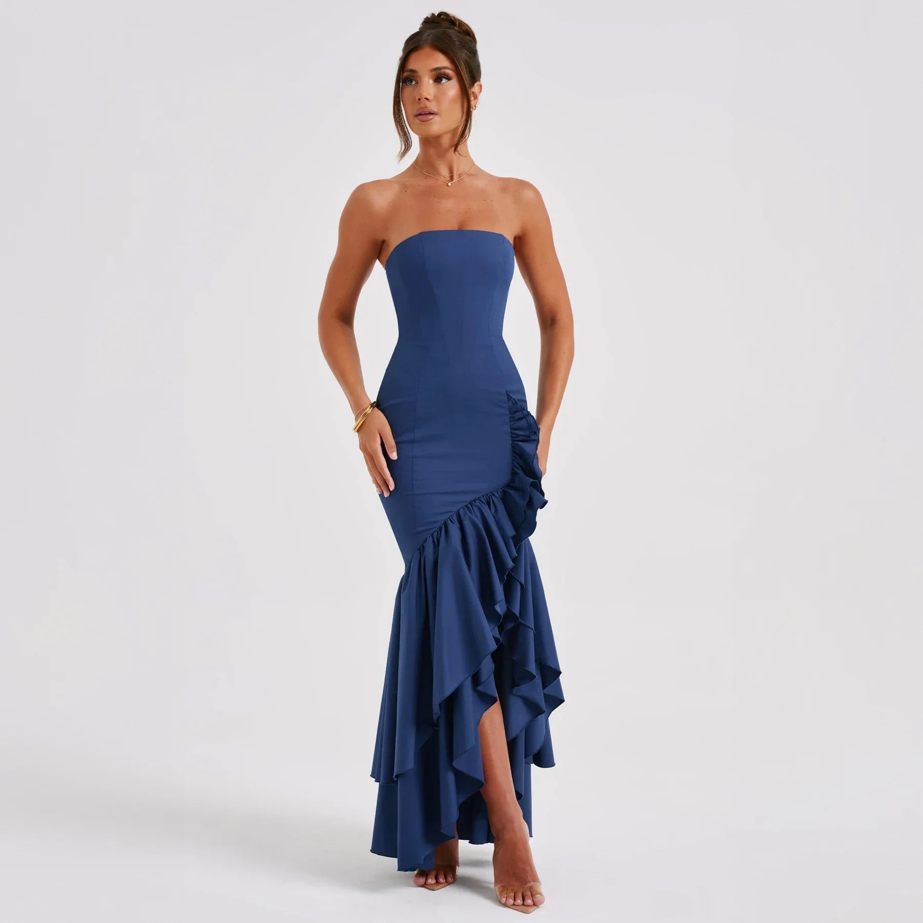 Women's Maxi Autumn Winter Sexy Backless Strapless Irregular Temperament Elegant Traf Midi Dresses Fashionable Plaid Midi Dress