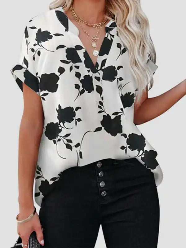 Women’s New Floral Print Casual V-Neck Short Sleeve Shirt Elegant Silk Short Shirt