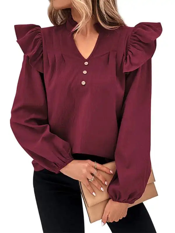 Women’s New Red V-neck Long Sleeve Solid Color Shirt Top Elegant Lace Short Sleeve