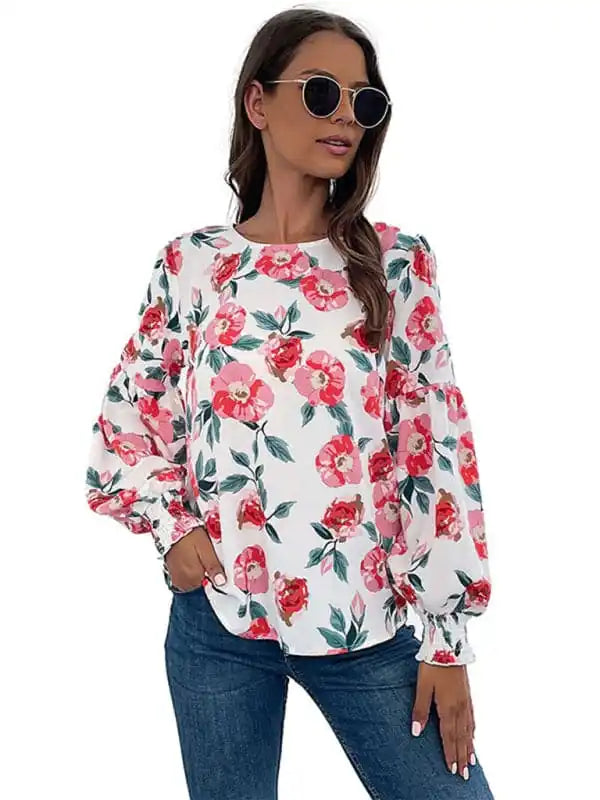 Women’s New Round Neck Long Sleeve Floral Shirt Top Trendy Sleeveless Short Shirt