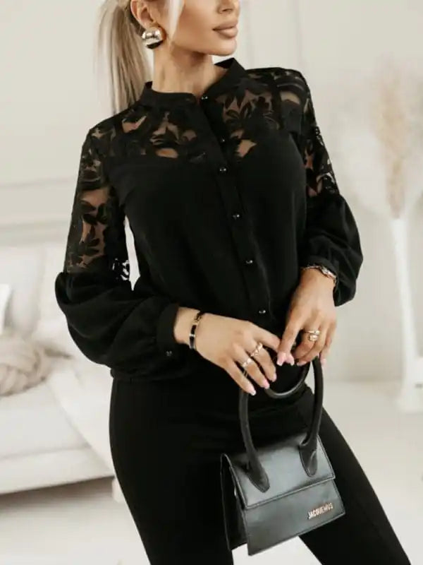 Women’s new solid color lace patchwork shirt Comfortable Peplum Short Shirt