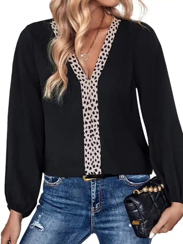 Women’s new solid color V-neck long-sleeved retro shirt Fashionable Button-Front Short Sleeve