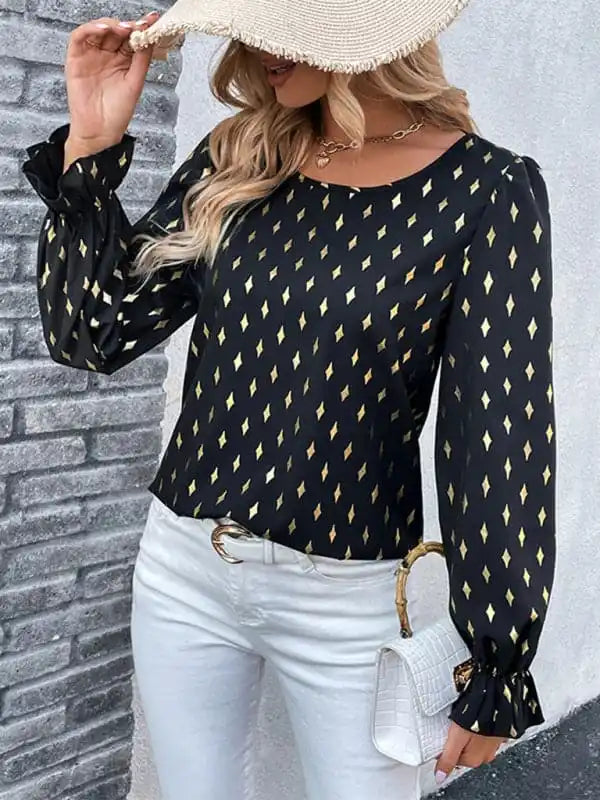 Women’s polka dot black bronzing shirt with long sleeves Stylish Short Sleeve Top