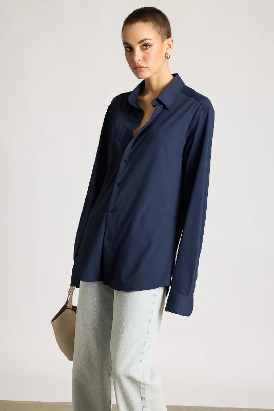 Women's Polyamide Shirt- Navy Blue Chic Button-Up Short Shirt