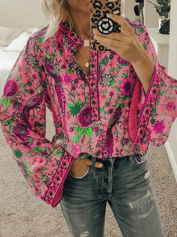 Women’s Printed Loose Shirt Button Long Sleeve Shirt Cozy Loose Fit Short Sleeve