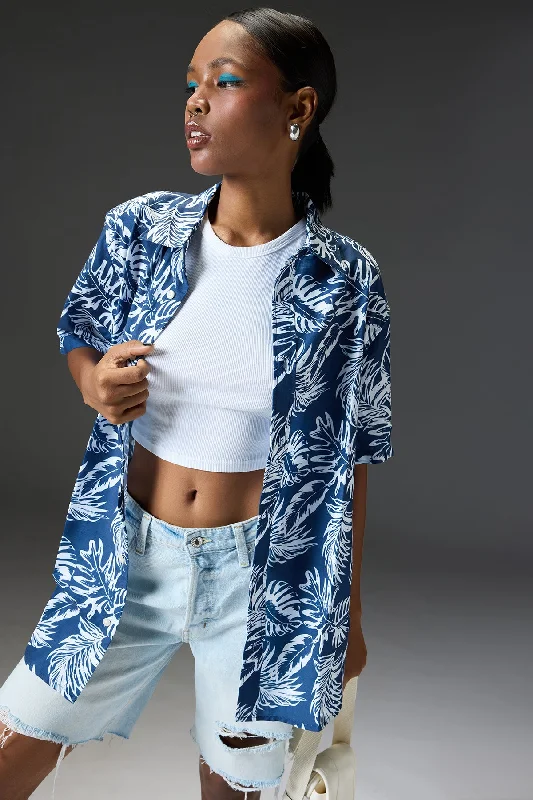 Women's Regular Blue Tropical Shirt Trendy Short Sleeve Blouse