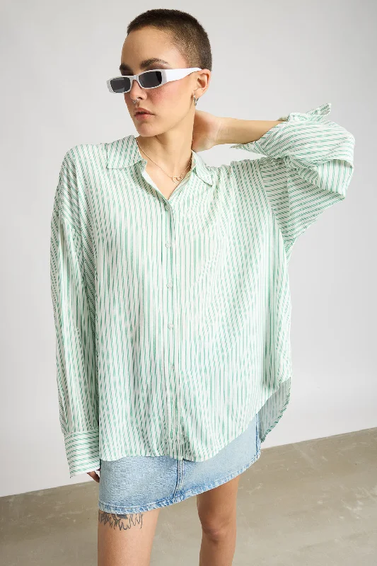 Women's Relaxed Fit Viscose Shirt - Green Stripes Cozy Cotton Short Tee