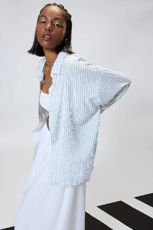 Women's Relaxed Fit Viscose Shirt-White/Blue Fashionable Short Sleeve Shirt