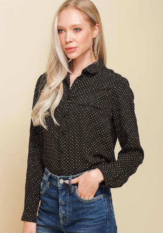 Women's Rounded Collar Button Down Shirt Blouse in Black Polka Dot Relaxed Cotton Short Shirt