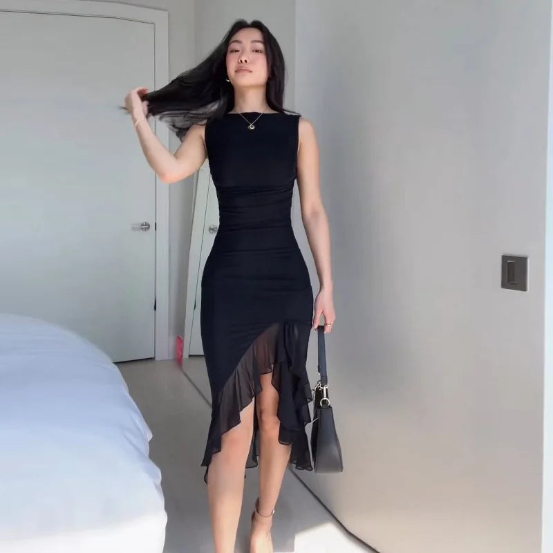 Women's Ruffled Summer Autumn New Pure Sleeveless Waist Backless Trending Midi Dresses Comfortable Ribbed Midi Dress Women's Ruffled Summer Autumn New Pure Sleeveless Waist Backless Trending Midi Dresses Comfortable Ribbed Midi Dress