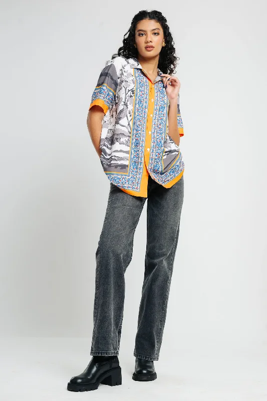 White Printed Viscose Shirt Modern Short Sleeve Top