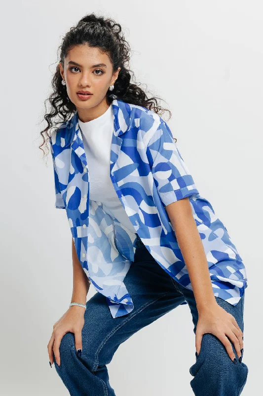 Blue Strokes Shirt Casual Loose Short Sleeve