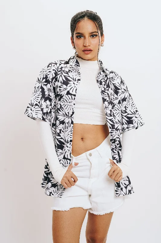Black Printed Shirt Fashionable Cuffed Short Sleeve