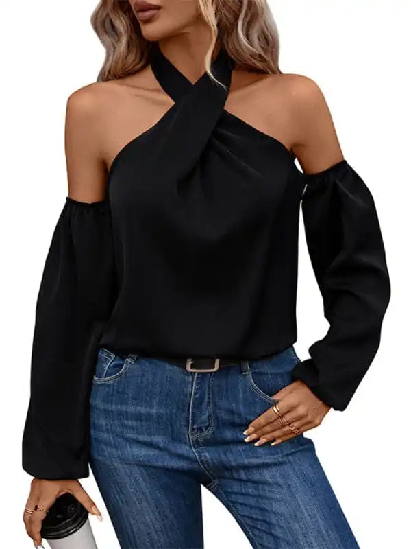 New women’s solid color strapless long-sleeved shirt