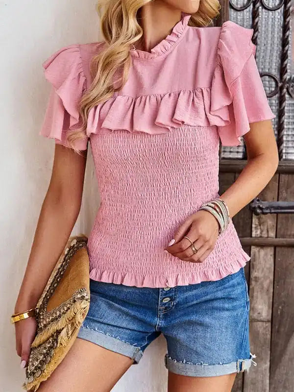 Women’s solid color temperament elegant ruffled short-sleeved shirt Classic Short Sleeve Tunic