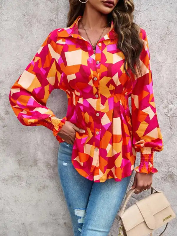 Women’s Temperament Commuter Printed Long Sleeve Shirt Elegant Lace Short Sleeve