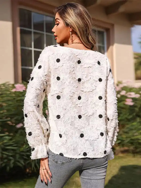 Women’s Top Long Sleeve V Neck Polka Dot White Shirt