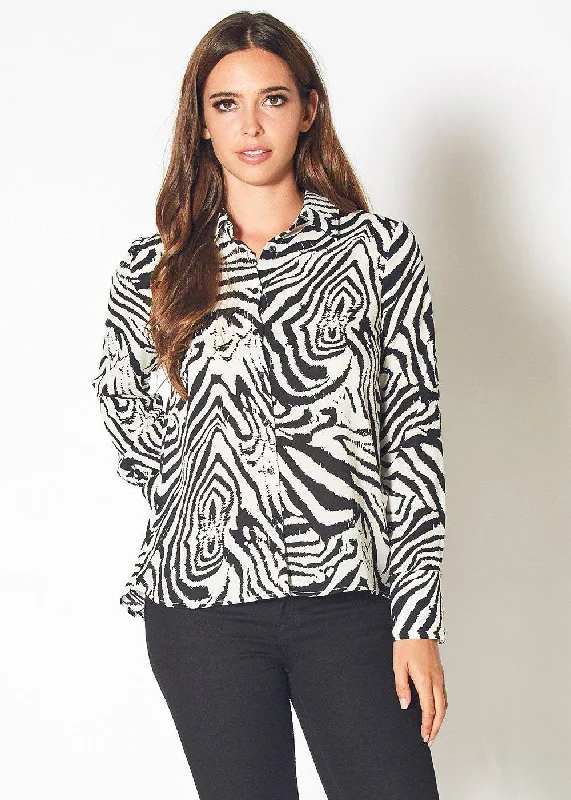 Women's Zebra Button Up Shirt Blouse in Blk White Zebra Soft Flowing Short Shirt