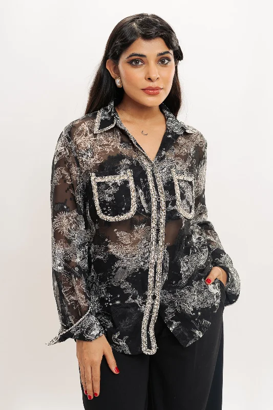 Black White Printed Sheer Shirt Soft Silk Short Sleeve
