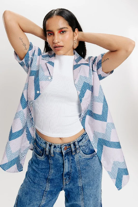 Zig Zag Stripe Women's Resort Shirt Casual Ruffle Short Shirt