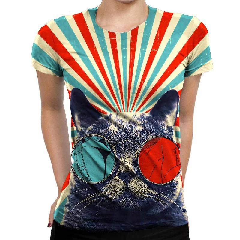 3D Cat Womens T-Shirt Collared Crew Neck Turtle Neck