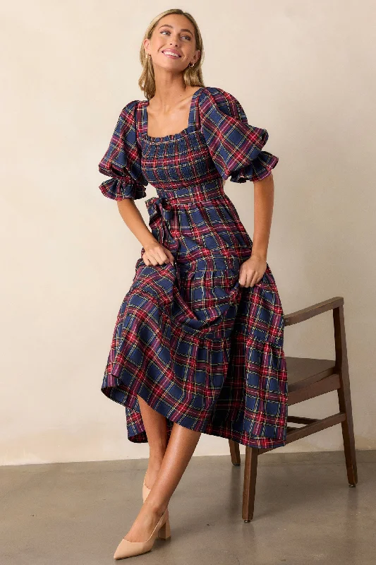All Is Calm Blue Plaid Maxi Dress Fashionable Asymmetrical Maxi Dress