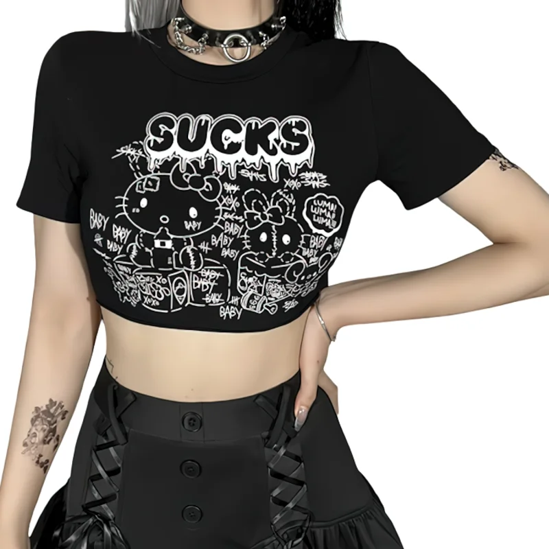 Alternative Style Women's T-Shirt / Black Female T-Shirt With Cool Print / Stylish Crop Top