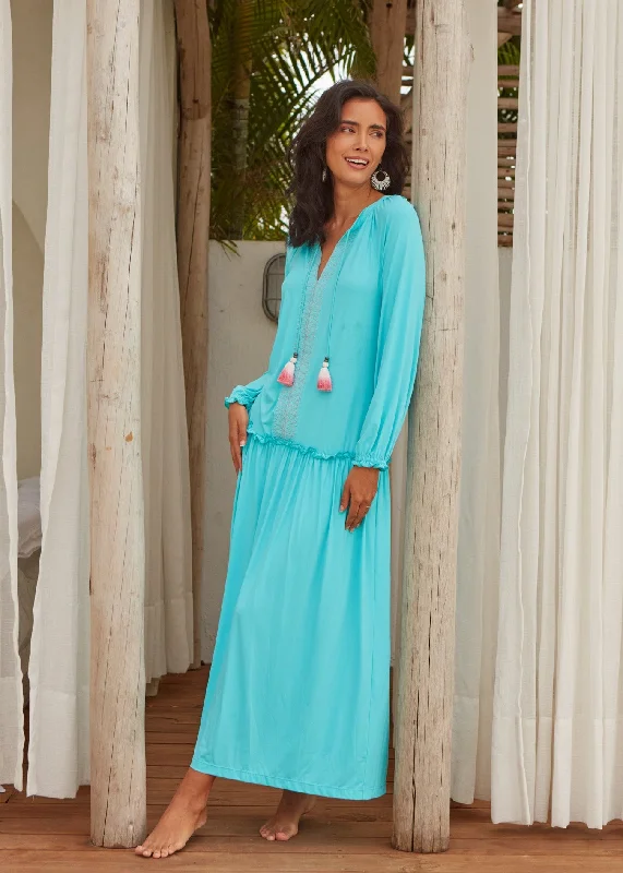 Aqua Embroidered Tunic Maxi Dress Stylish Boho Maxi Dress
