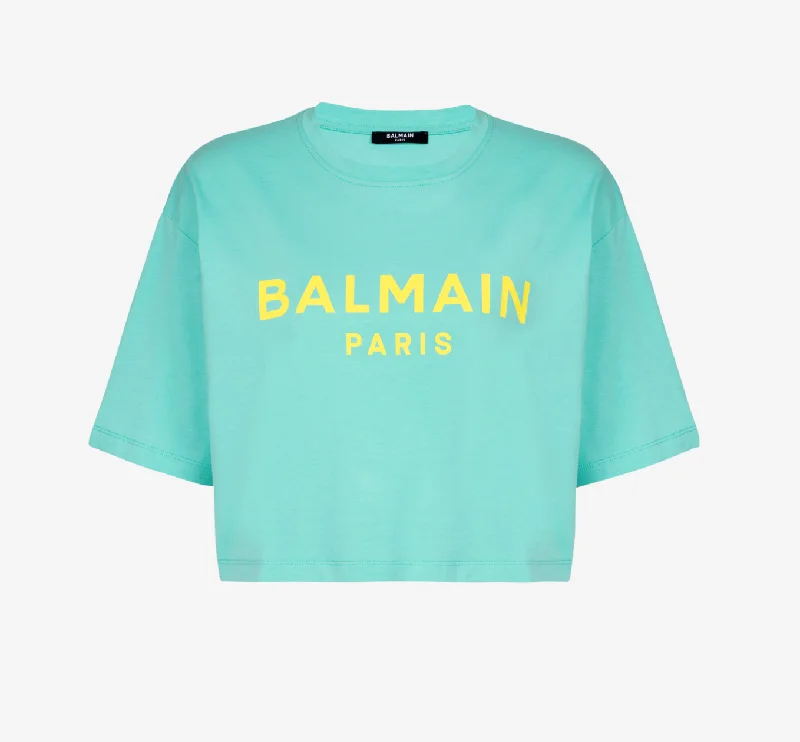 Balmain Women T-Shirt With Balmain Paris Print Blue V-Neck T-Shirt Long Sleeve Cotton