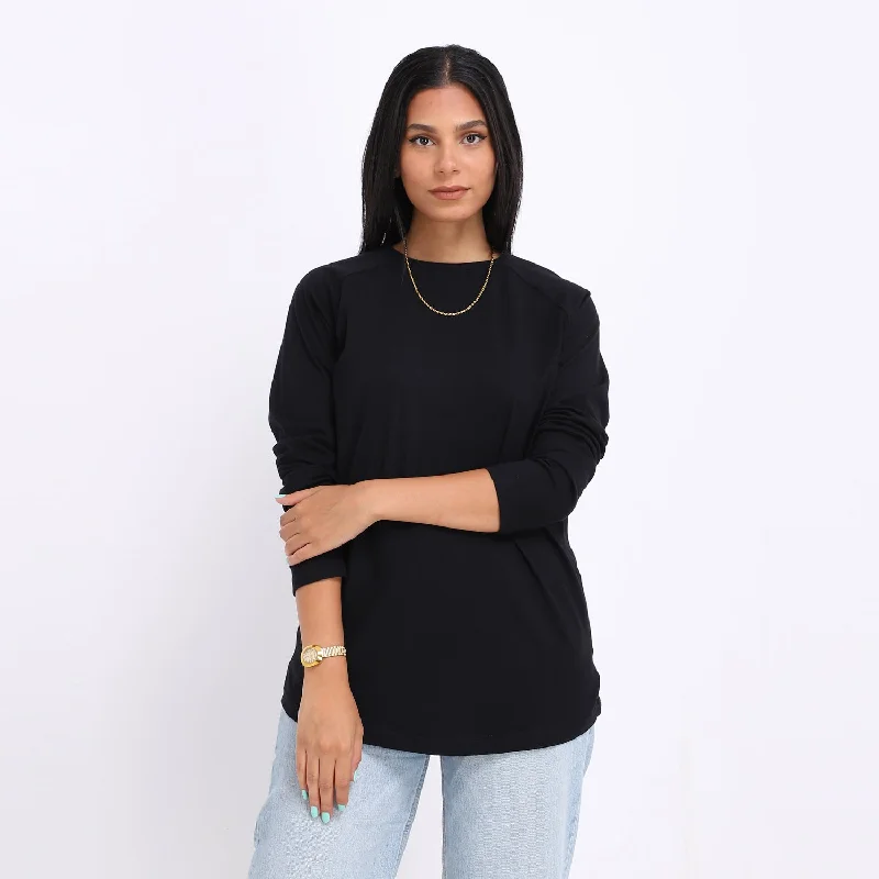 Basic Long Sleeve  Round Neck T-shirt- Black Notch Collar Peter Pan Collar Cowl Neck