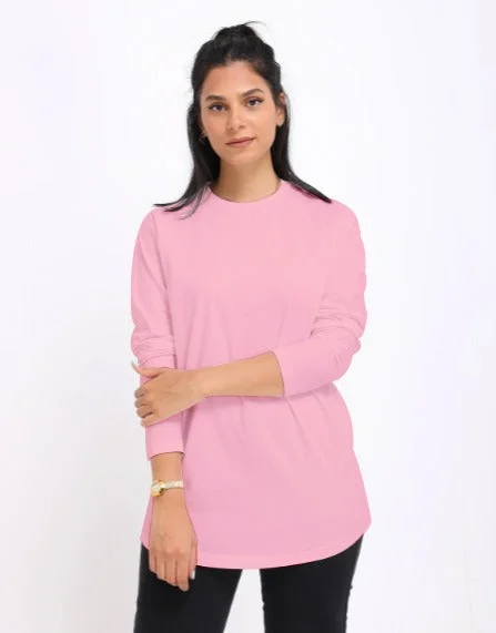 Basic Long Sleeve Round Neck T-shirt- Rose Denim Fabric Leather Fabric Suede Fabric