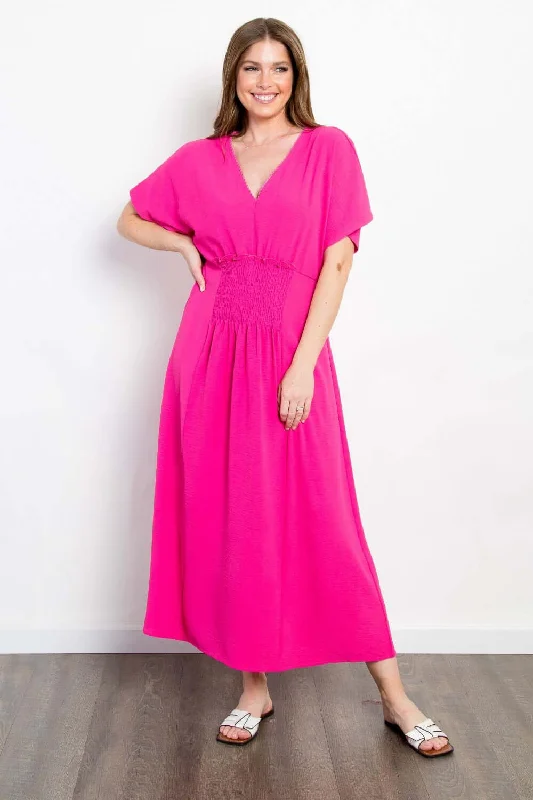 Shirred Front Short Sleeve Maxi Dress Stylish Maxi Dress with Pleats