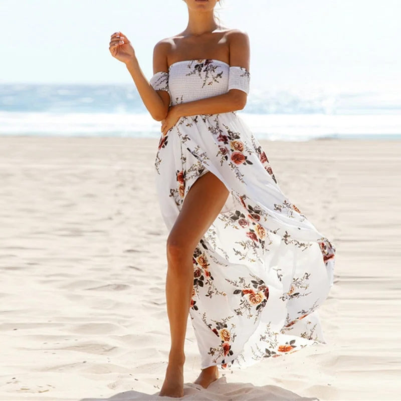 Beach Floral Print Dresses Sexy Chiffon Maxi Dress