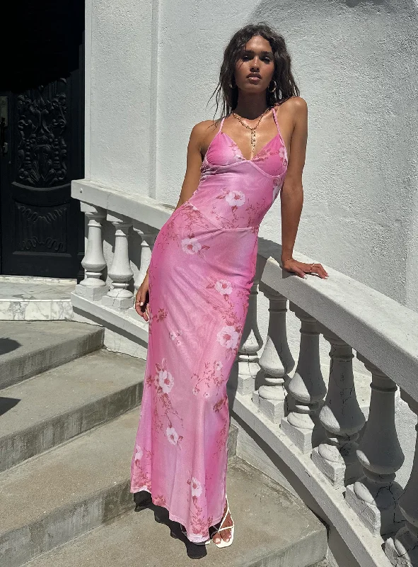 Beverlie Halter Maxi Dress Pink Floral Classic Solid Maxi Dress